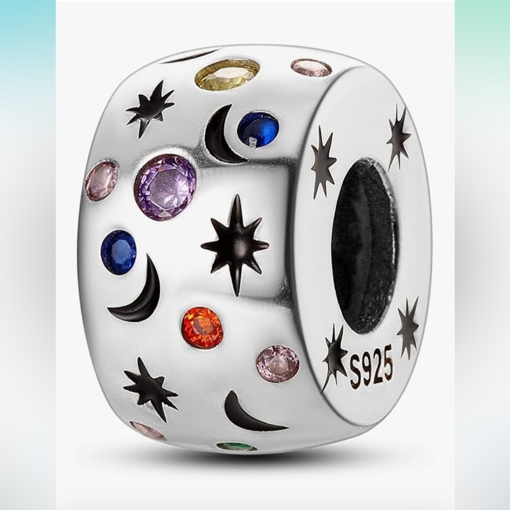 Barrel style Silver 925 Charm with Colorful CZ Moon and stars